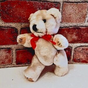 Vintage Plush Jointed Teddy with Red Bow